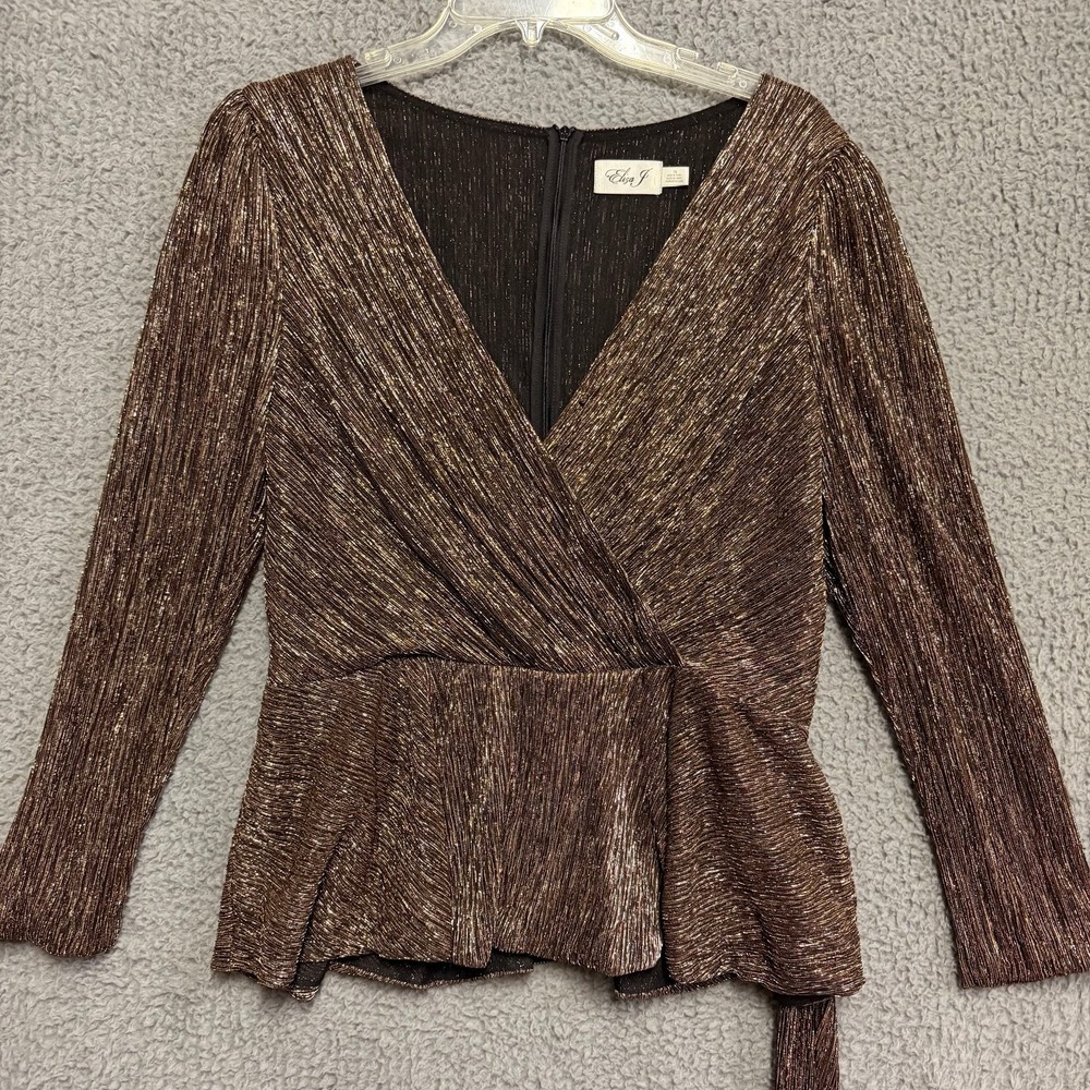 Eliza J Women's Size 16 Bronze Metallic Pleated Wrap Peplum Blouse Top Long